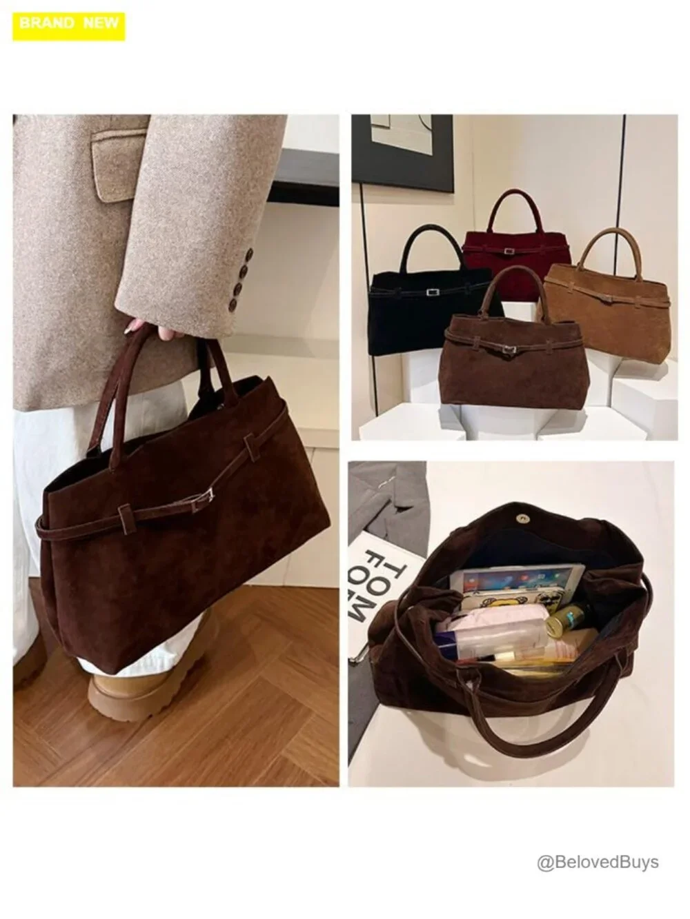 Faux Suede Large Tote Bag Shoulder Satchel Hobo Bucket Handbag